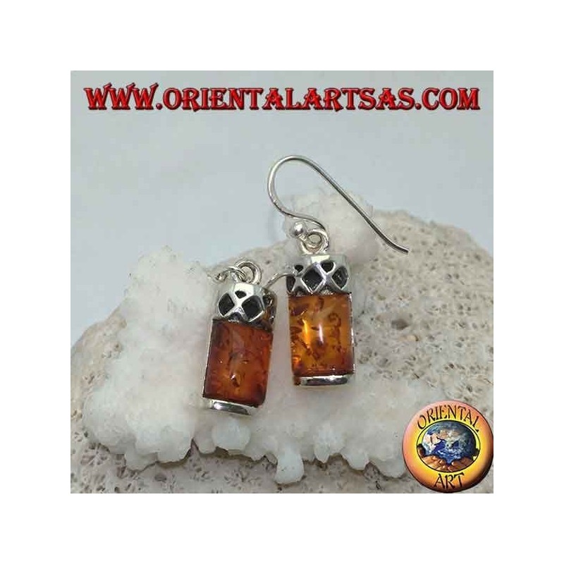 Silver earrings with amber cabochon rectangular and silver with three perforated rhombuses above