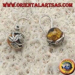 Silver earrings with natural amber sphere between the leaves