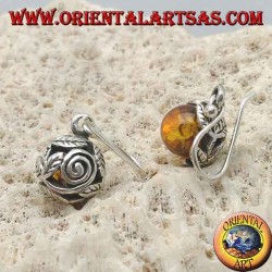 Silver earrings with natural amber sphere between the leaves