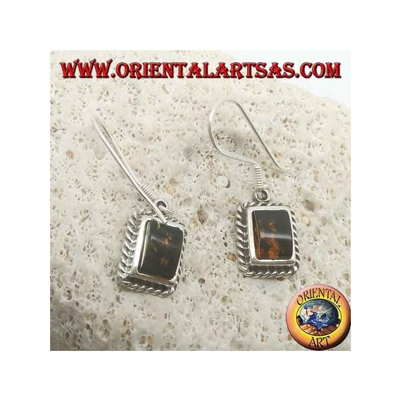 Boucles d'oreilles en argent avec ambre rectangulaire encadrées par un tissage