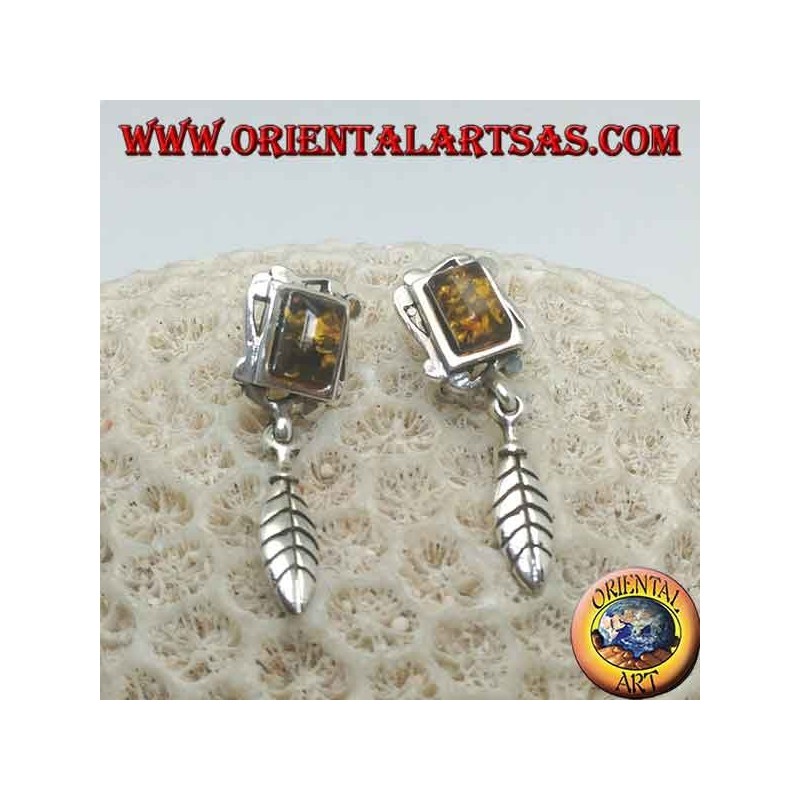 Silver earrings with natural amber, rectangular frame and hanging feather