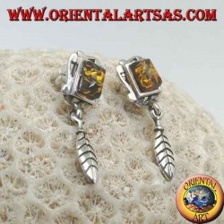 Silver earrings with natural amber, rectangular frame and hanging feather