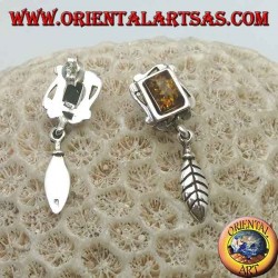 Silver earrings with natural amber, rectangular frame and hanging feather