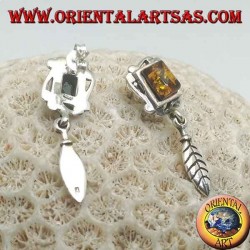 Boucles d'oreilles en argent avec ambre naturel encadré rectangulaire et plume pendant