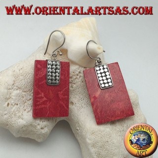 Boucles d'oreilles en argent avec rouge madrepora rectangulaire (corail) et plaque de disques en argent