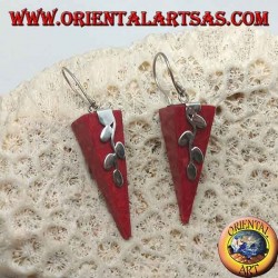 Silver earrings with inverted pyramid red coral (coral) and silver twig