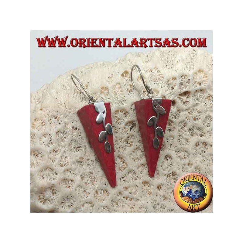 Silver earrings with inverted pyramid red coral (coral) and silver twig