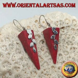 Silver earrings with inverted pyramid red coral (coral) and silver twig
