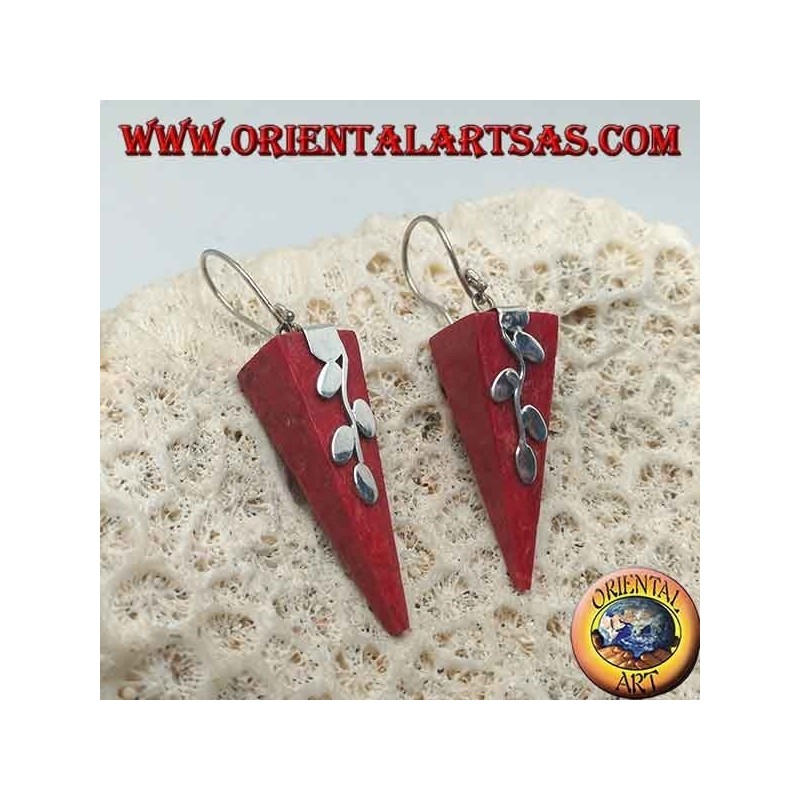 Silver earrings with inverted pyramid red coral (coral) and silver twig