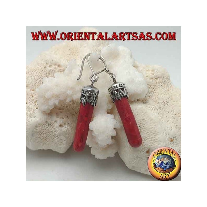 Silver earrings with a cylinder of red madrepora (coral) attached to a decorated crown