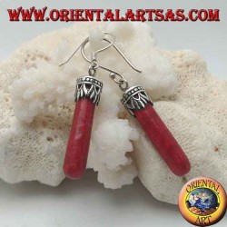 Silver earrings with a cylinder of red madrepora (coral) attached to a decorated crown