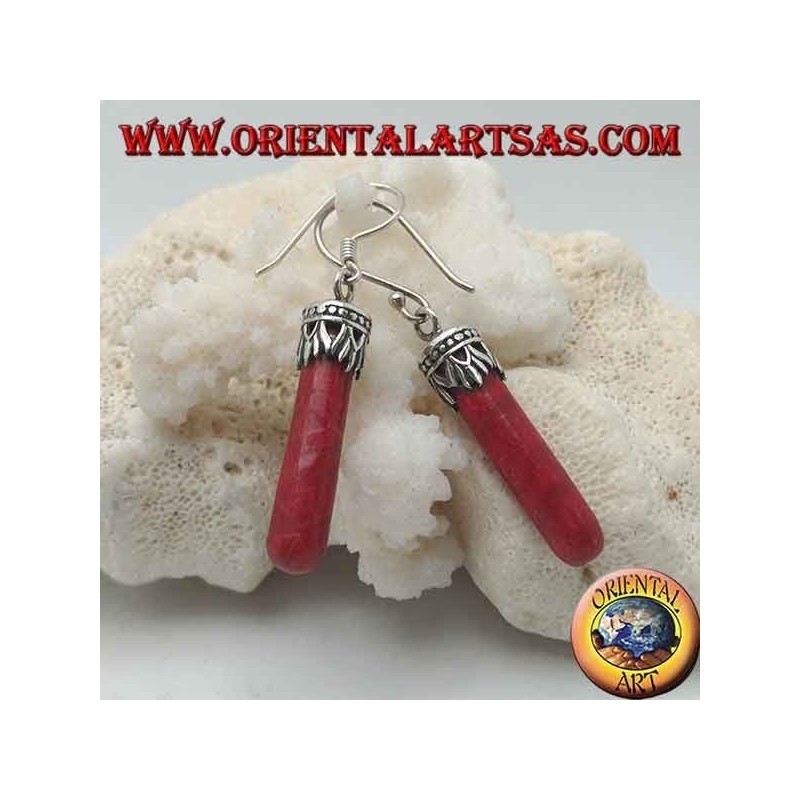 Silver earrings with a cylinder of red madrepora (coral) attached to a decorated crown