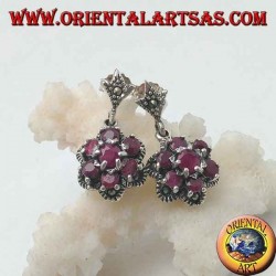 Silver flower of life earrings (six petals) with natural round rubies set surrounded by marcasite