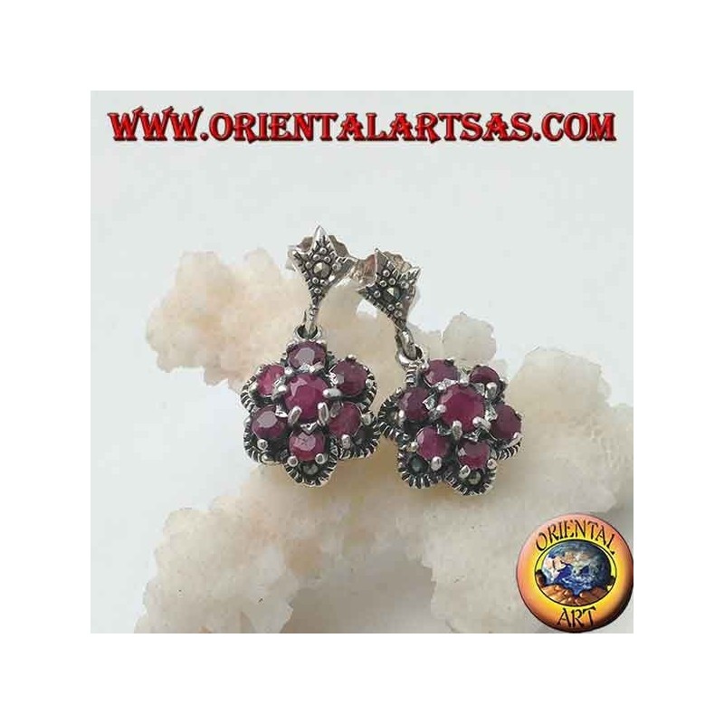 Silver flower of life earrings (six petals) with natural round rubies set surrounded by marcasite