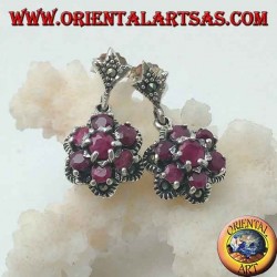 Silver flower of life earrings (six petals) with natural round rubies set surrounded by marcasite