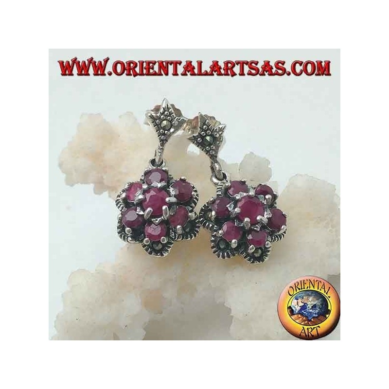 Silver flower of life earrings (six petals) with natural round rubies set surrounded by marcasite