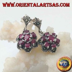 Boucles d'oreilles fleur de vie en argent (six pétales) avec rubis ronds naturels sertis de marcassite