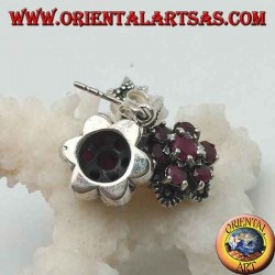 Boucles d'oreilles fleur de vie en argent (six pétales) avec rubis ronds naturels sertis de marcassite