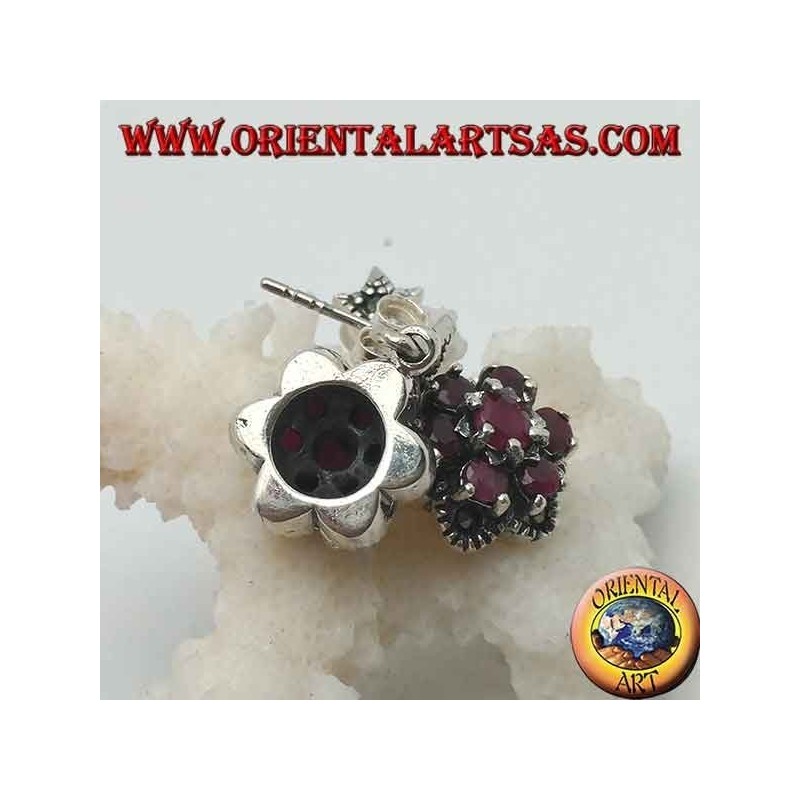 Boucles d'oreilles fleur de vie en argent (six pétales) avec rubis ronds naturels sertis de marcassite