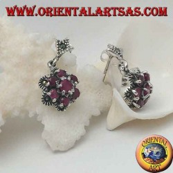 Boucles d'oreilles fleur de vie en argent (six pétales) avec rubis ronds naturels sertis de marcassite