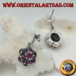 Pendientes de plata de la flor de la vida (seis pétalos) con rubíes redondos naturales engastados con marcasita