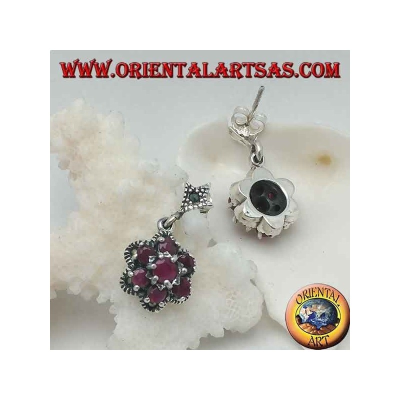 Boucles d'oreilles fleur de vie en argent (six pétales) avec rubis ronds naturels sertis de marcassite