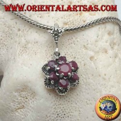 Silver flower of life pendant (six petals) with natural round rubies set surrounded by marcasite