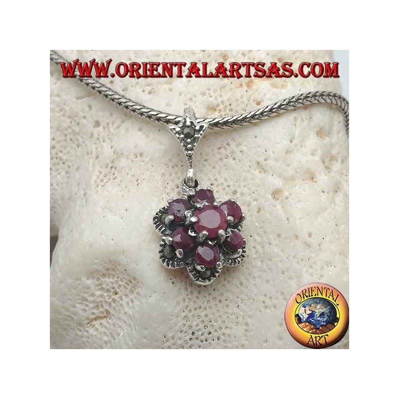 Pendentif fleur de vie en argent (six pétales) avec rubis ronds naturels sertis de marcassite