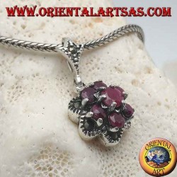 Pendentif fleur de vie en argent (six pétales) avec rubis ronds naturels sertis de marcassite