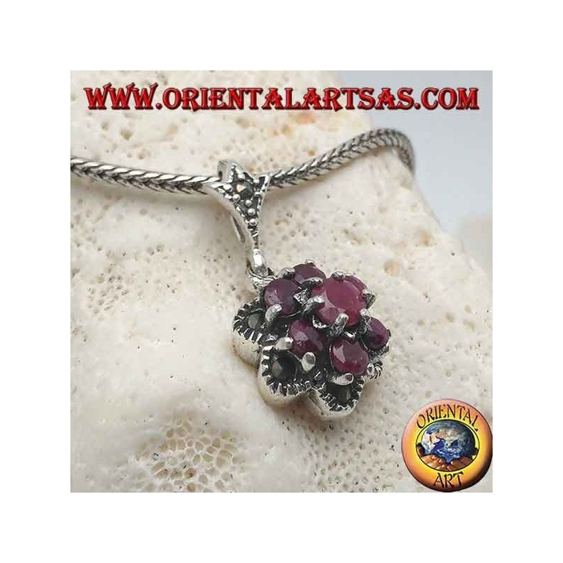 Pendentif fleur de vie en argent (six pétales) avec rubis ronds naturels sertis de marcassite