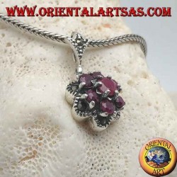 Silver flower of life pendant (six petals) with natural round rubies set surrounded by marcasite
