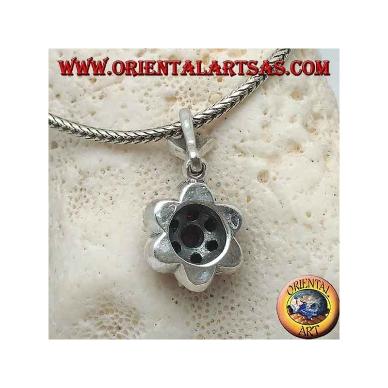 Silver flower of life pendant (six petals) with natural round rubies set surrounded by marcasite