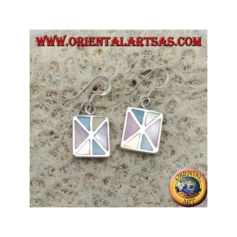 Orecchini in argento rettangolare con triangoli vari di madreperla multicolor