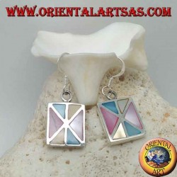 Rectangular silver earrings with various triangles of multicolor mother of pearl