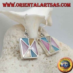 Rectangular silver earrings with various triangles of multicolor mother of pearl