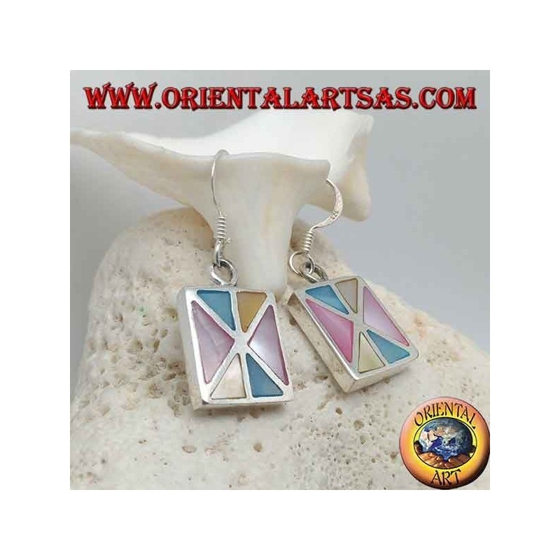 Orecchini in argento rettangolare con triangoli vari di madreperla multicolor