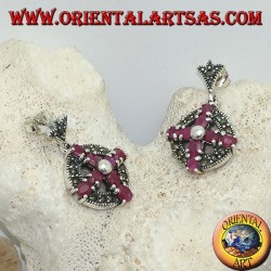 Silver earrings cross of natural rubies set with a ball in the center on a circle with marcasites