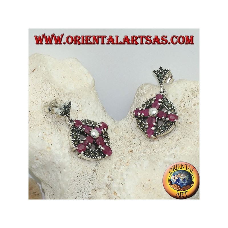 Silver earrings cross of natural rubies set with a ball in the center on a circle with marcasites