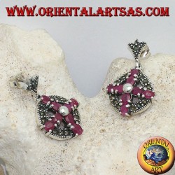 Boucles d'oreilles argent croix de rubis naturels sertie d'une boule au centre sur un cercle avec marcassites