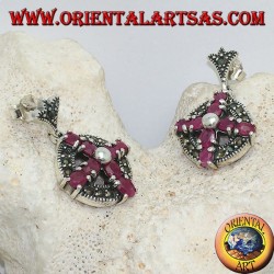 Silver earrings cross of natural rubies set with a ball in the center on a circle with marcasites