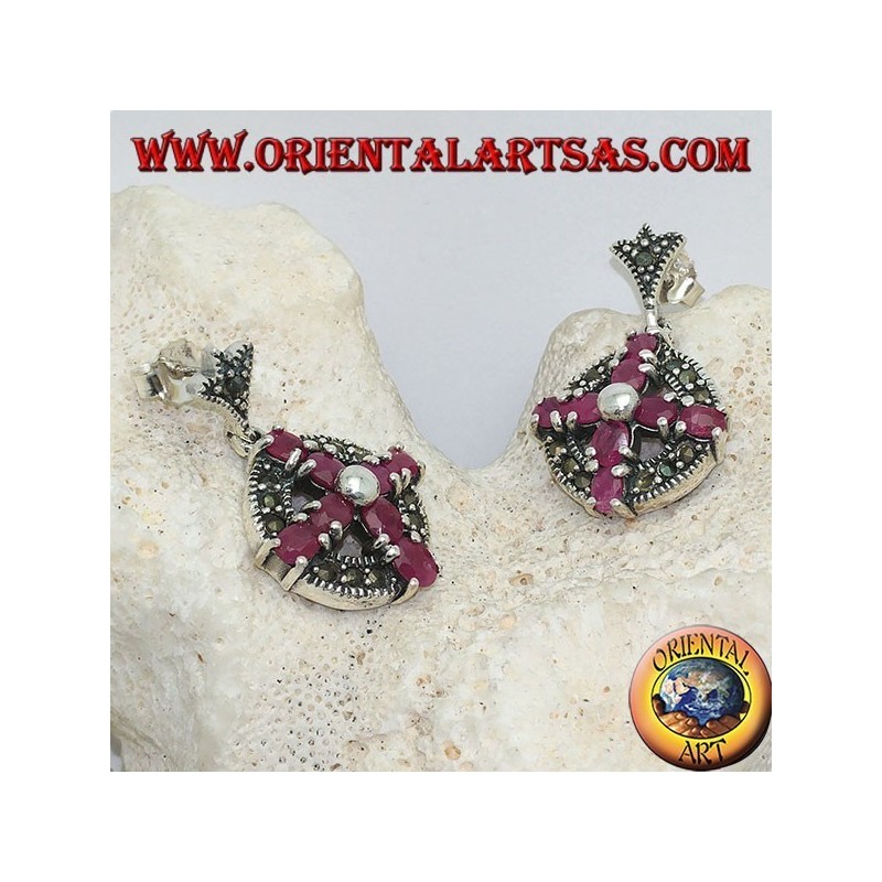 Silver earrings cross of natural rubies set with a ball in the center on a circle with marcasites
