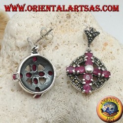 Boucles d'oreilles argent croix de rubis naturels sertie d'une boule au centre sur un cercle avec marcassites