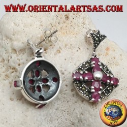 Boucles d'oreilles argent croix de rubis naturels sertie d'une boule au centre sur un cercle avec marcassites