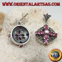Silver earrings cross of natural rubies set with a ball in the center on a circle with marcasites