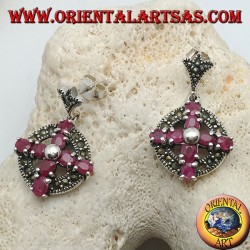 Silver earrings cross of natural rubies set with a ball in the center on a circle with marcasites