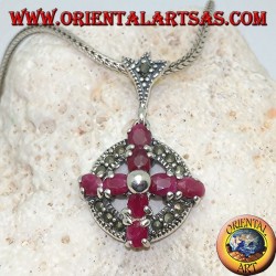 Silver pendant cross of natural rubies set with a ball in the center on a circle with marcasites