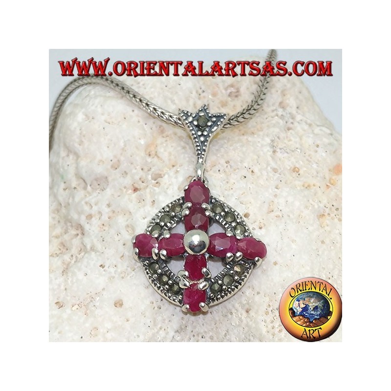 Silver pendant cross of natural rubies set with a ball in the center on a circle with marcasites