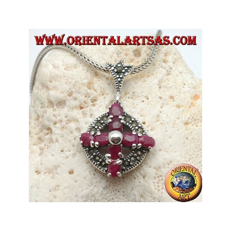 Silver pendant cross of natural rubies set with a ball in the center on a circle with marcasites