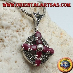Silver pendant cross of natural rubies set with a ball in the center on a circle with marcasites