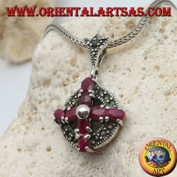 Silver pendant cross of natural rubies set with a ball in the center on a circle with marcasites